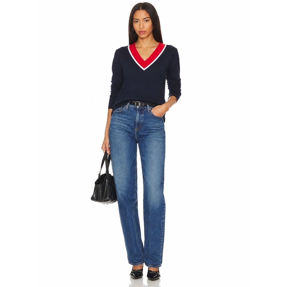 Banana Republic Sweater Women L Navy Blue 100% Merino Wool V-Neck Varsity Preppy